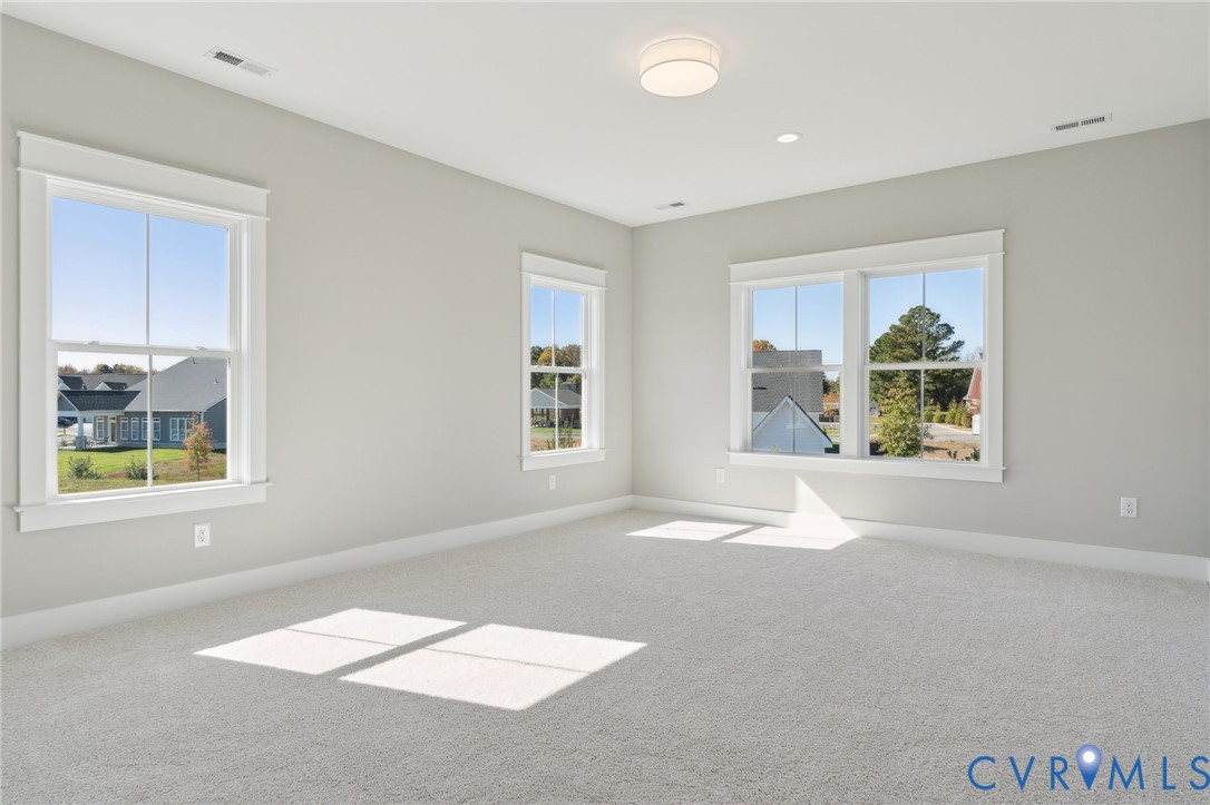 Neutral-toned interior featuring wall-to-wall carpeting, multiple double-hung windows with white casing, and a modern flush-mount light fixture