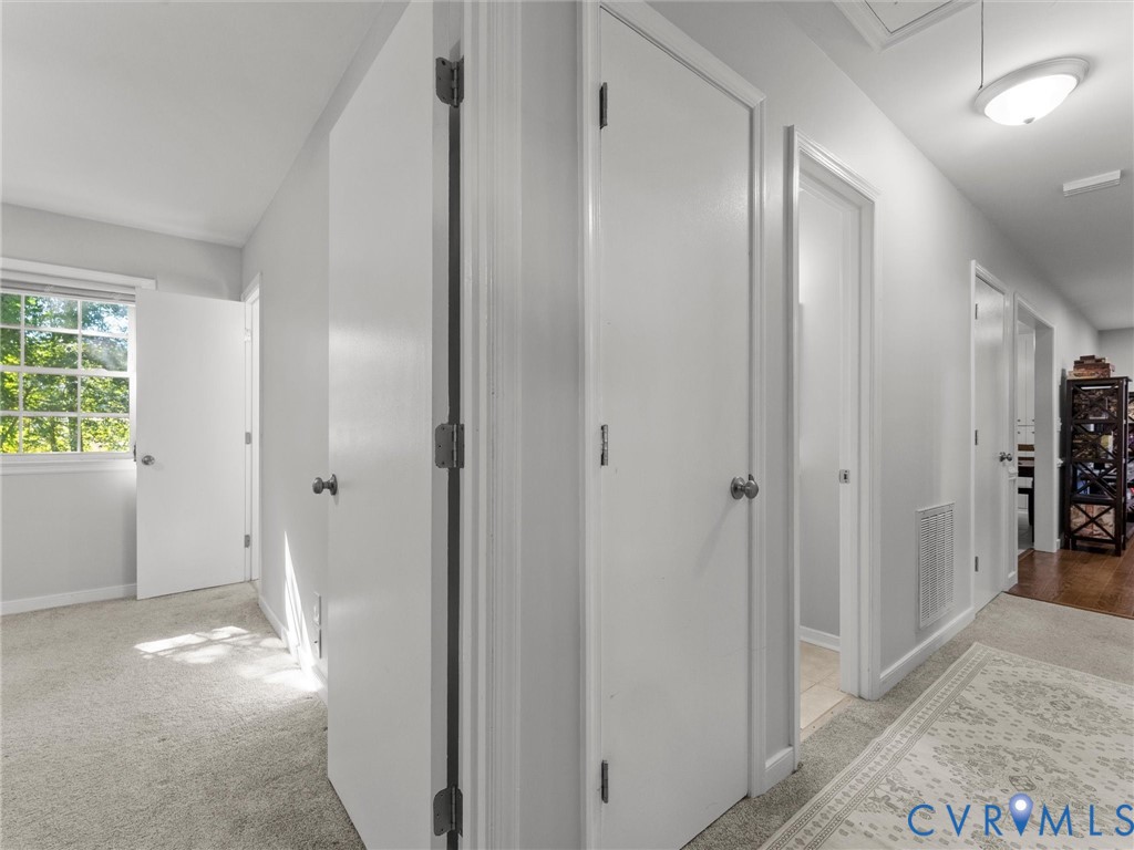 Interior hallway featuring neutral wall-to-wall carpeting, white paneled doors, and flush-mount ceiling lighting