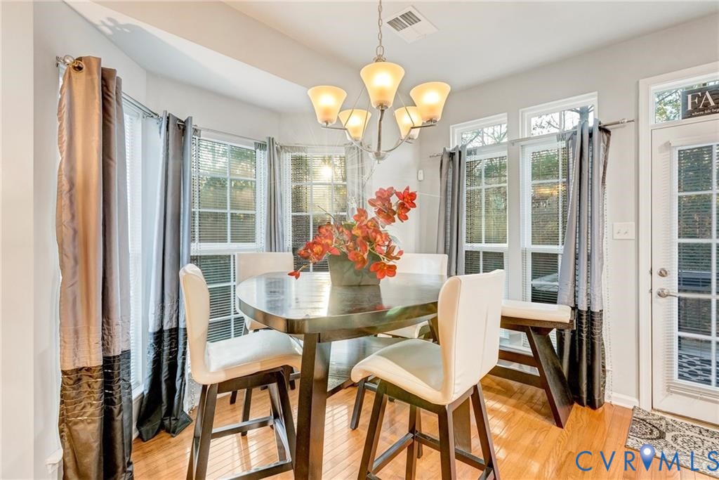 Dining room featuring an inviting chandelier, light wood-style floors, visible vents, and a wealth of natural light Dining room featuring an inviting chandelier, light wood-style floors, visible vents, and a wealth of natural light