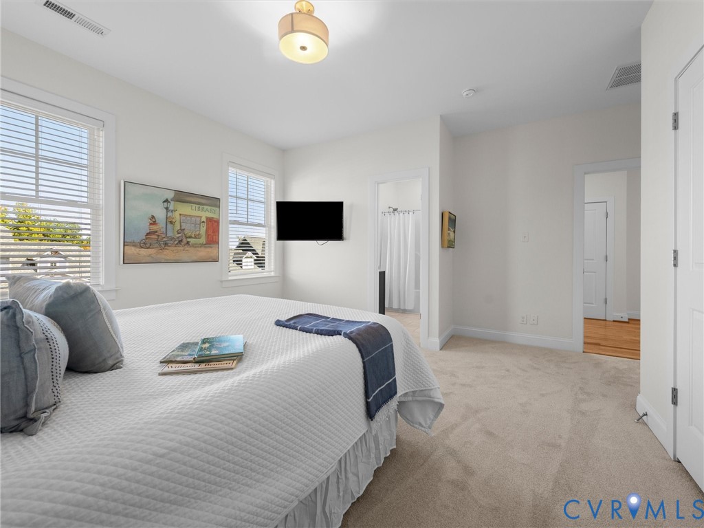 Neutral wall palette featuring carpeting, dual windows with horizontal blinds, and a drum-style ceiling light fixture