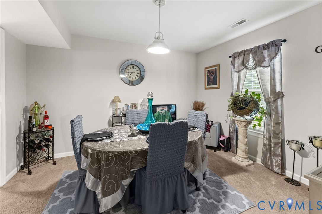 Neutral wall-to-wall carpeting, single-light pendant fixture, and a window with a traditional rod and valance