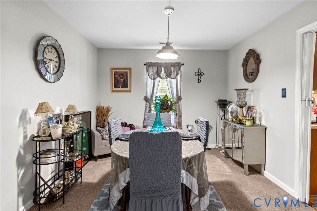 Neutral interior space featuring carpeted flooring, a neutral wall palette, and a central dome-style pendant light fixture