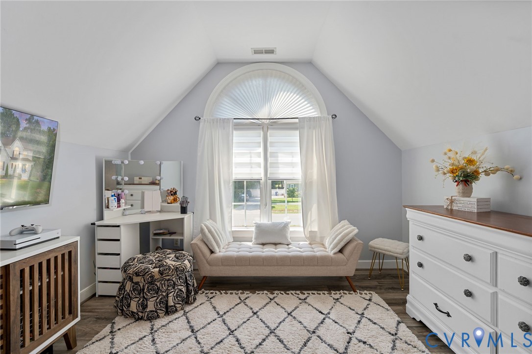 Vaulted ceiling, arched window with multi-pane glazing, and wood-finish flooring
