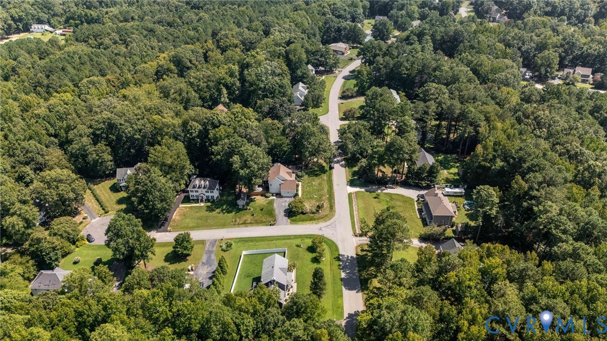 Aerial perspective of a residential neighborhood featuring mature tree canopy, paved streets, and varied lot sizes