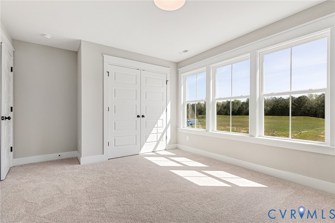 The interior space features light-colored walls and carpet, a ceiling light fixture, and white trim around the windows and doors