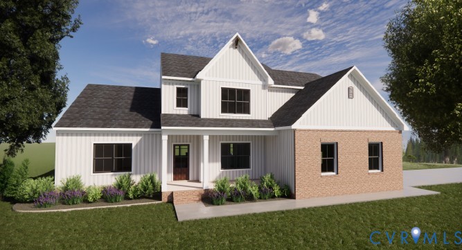Two-story exterior featuring vertical siding, a brick facade, a covered porch with column supports, and a multi-gable roofline Two-story exterior featuring vertical siding, a brick facade, a covered porch with column supports, and a multi-gable roofline