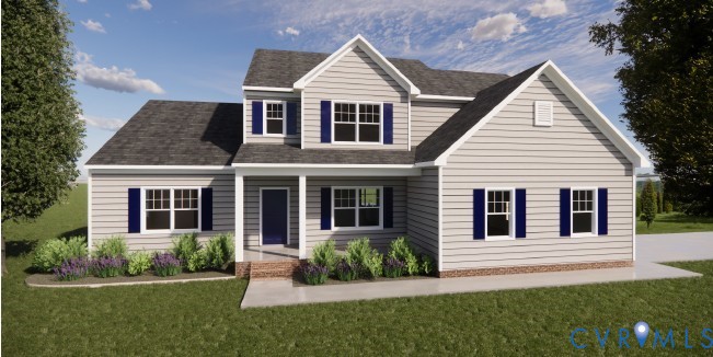 Two-story traditional exterior featuring horizontal siding, decorative window shutters, a covered front entryway, and brick foundation trim Two-story traditional exterior featuring horizontal siding, decorative window shutters, a covered front entryway, and brick foundation trim
