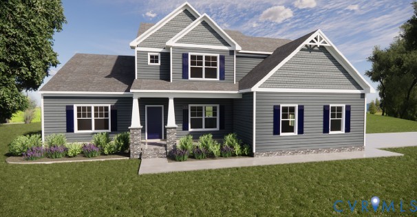 Two-story residence featuring horizontal and shake-style siding, stone veneer accents, a covered front porch with tapered columns, and decorative gable trusses Two-story residence featuring horizontal and shake-style siding, stone veneer accents, a covered front porch with tapered columns, and decorative gable trusses