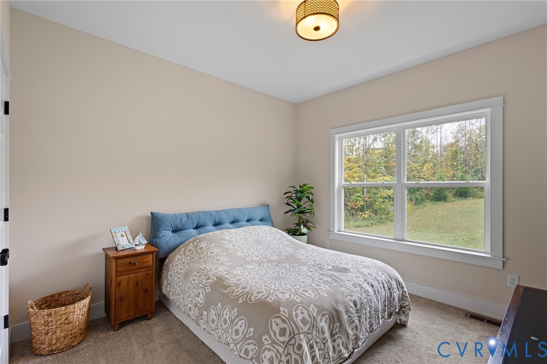 Neutral wall tones, carpeted flooring, large double-pane window, and decorative drum-style flush-mount lighting