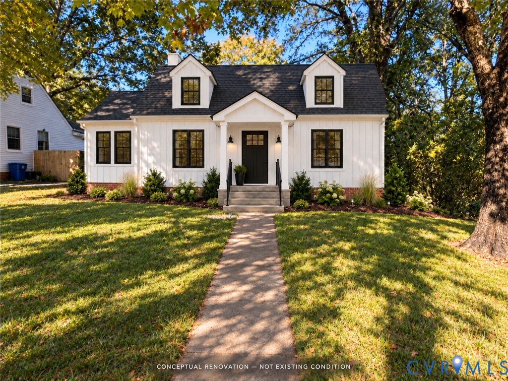 Board and batten exterior siding featuring dark-trimmed windows, a covered front entry with a gabled roofline, dual roof dormers, and a brick foundation perimeter