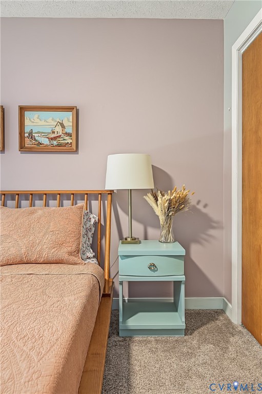Neutral-toned wall paint, wall-to-wall carpeting, and a wood-finished door