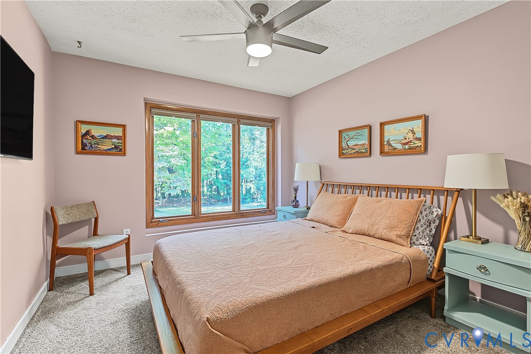 Multi-pane picture window with natural wood framing, integrated brushed nickel ceiling fan with central lighting, and neutral carpeting