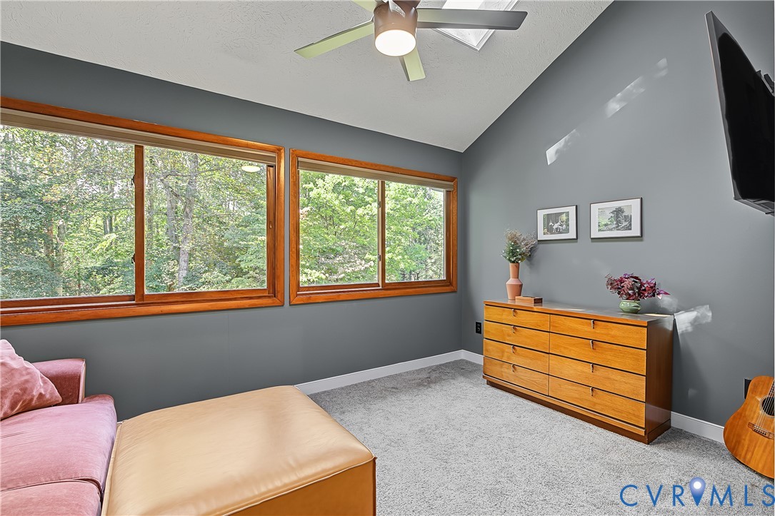 Vaulted ceilings with a ceiling fan, skylight, and large horizontal windows with wood trim