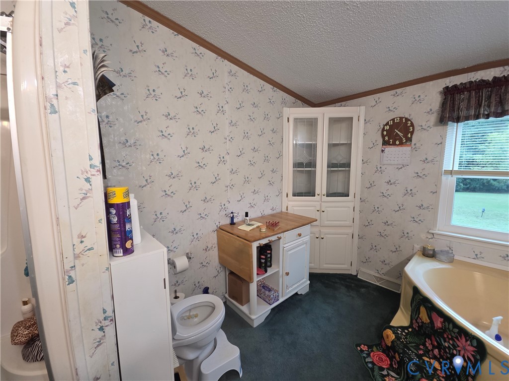 Corner built-in cabinetry with glass-front upper doors, soaking tub, window with horizontal blinds, and crown molding