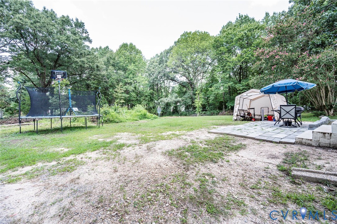 Spacious backyard featuring a stone paver patio and mature perimeter trees