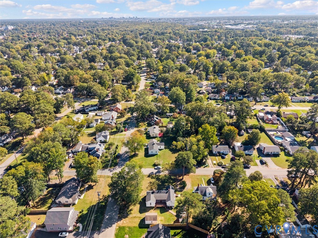 Aerial perspective of an established residential area characterized by mature tree canopy and sprawling vegetation