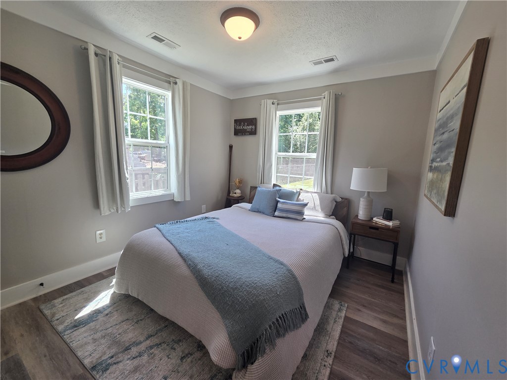 Wood-finish flooring, neutral wall tones, two multi-pane windows, and a central dome-style ceiling light fixture