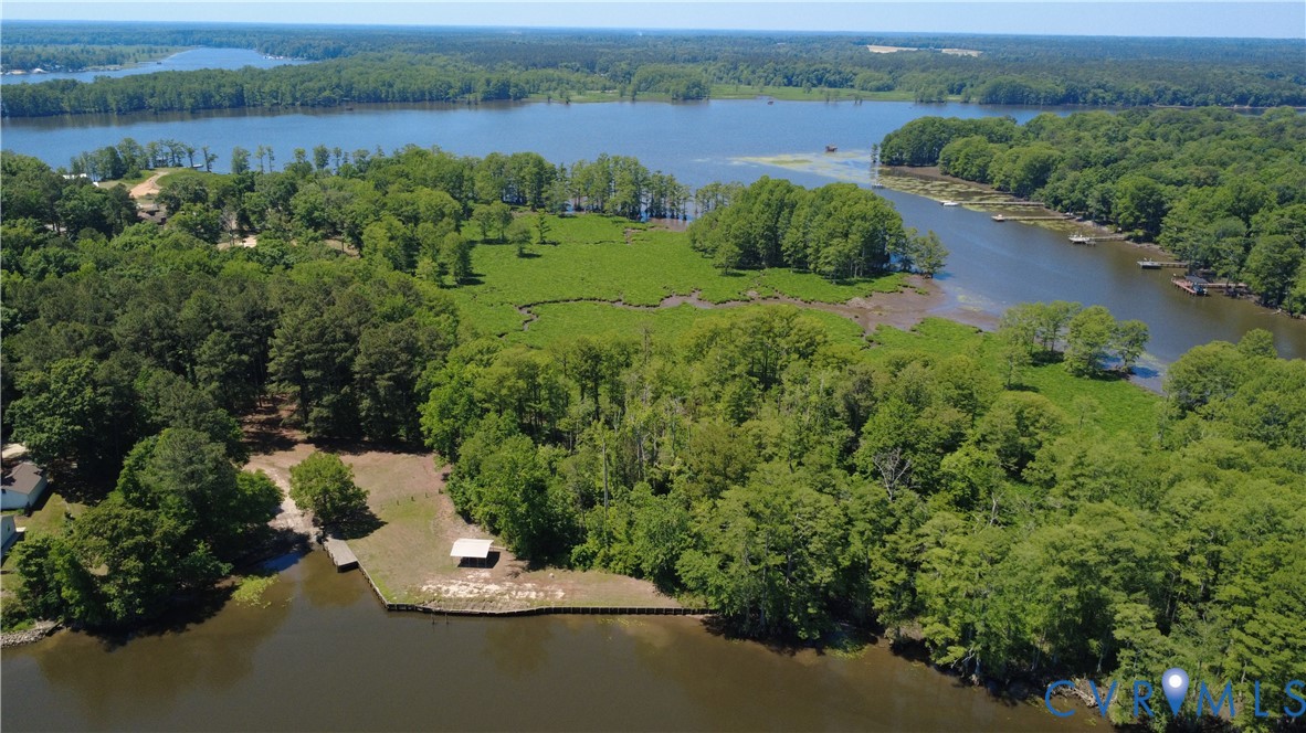 Waterfront acreage featuring mature timber, a shoreline bulkhead, a private dock, and an open-sided pavilion
