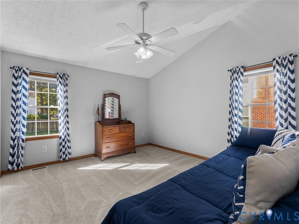Vaulted ceilings, carpeted flooring, and dual windows with grid muntins, complemented by a central ceiling fan with integrated lighting