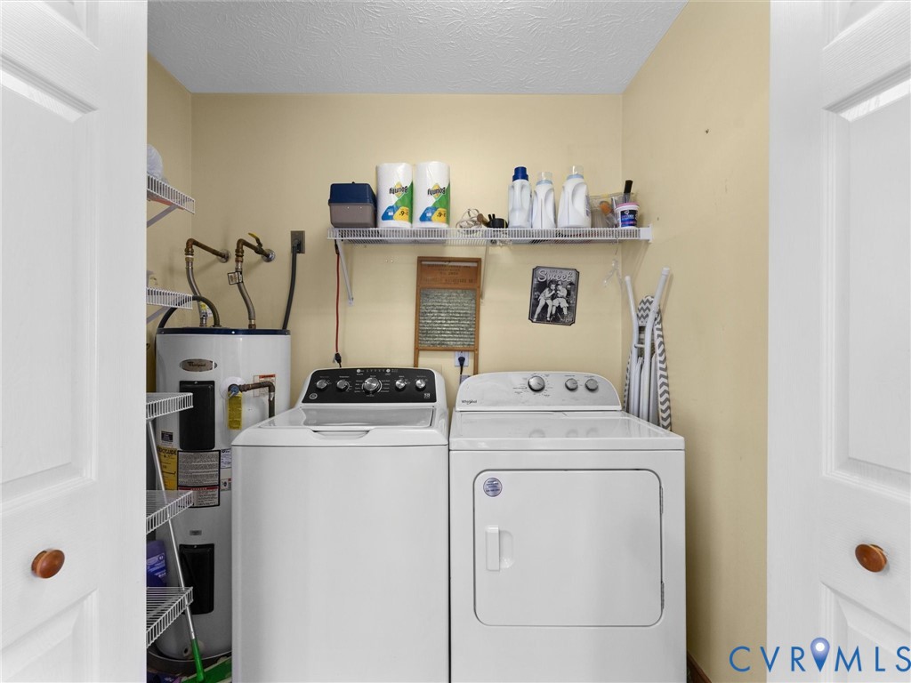 Laundry closet featuring built-in wire shelving and a dedicated water heater