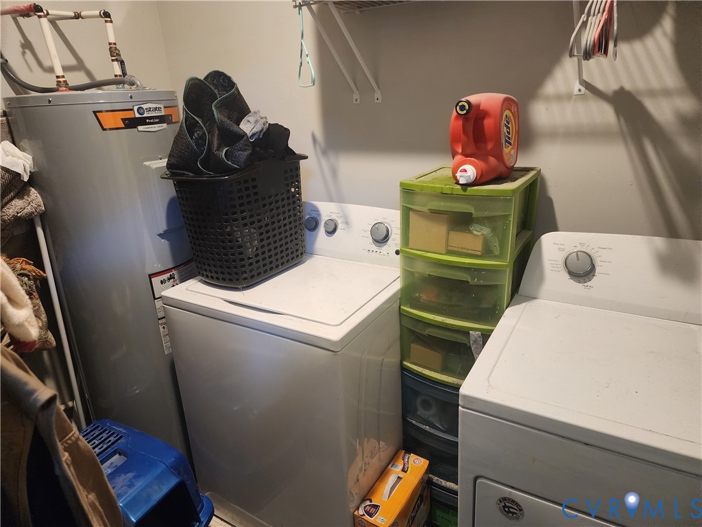 Utility area featuring a water heater and wall-mounted shelving