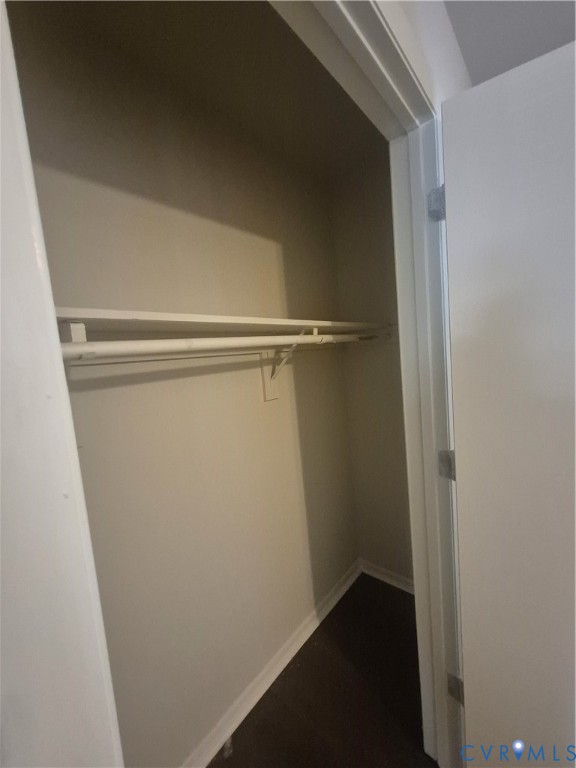 Reach-in closet featuring wood-finish flooring, neutral wall paint, and an integrated upper shelving and rod system
