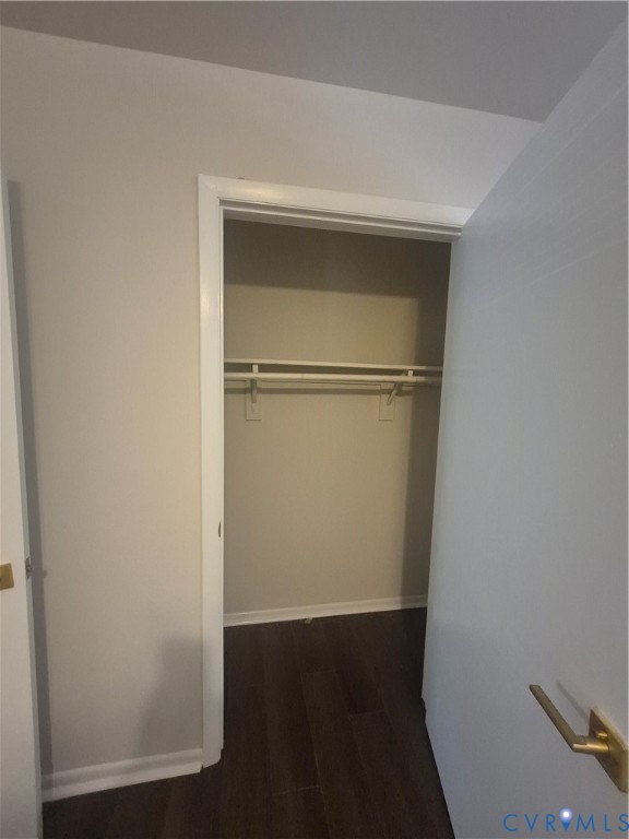 Closet featuring a built-in shelf and hanging rod, complemented by wood-finish flooring and a brass-tone lever door handle