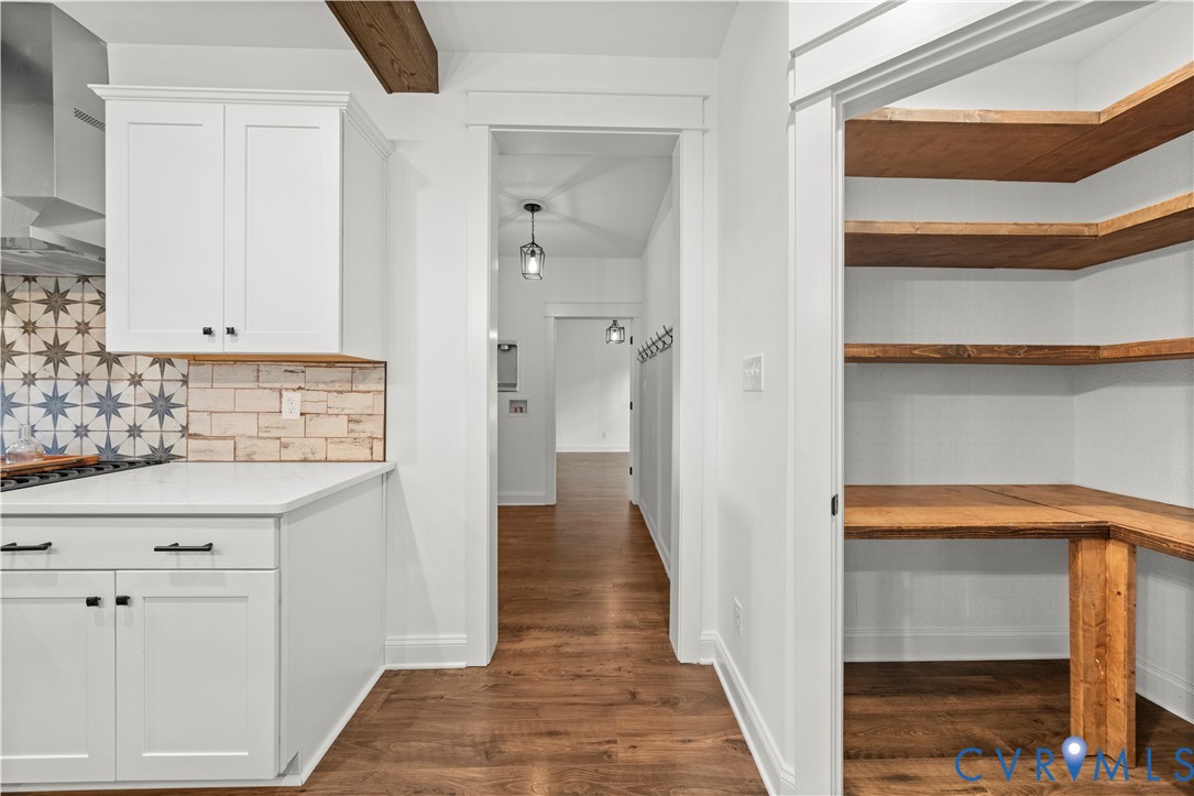 Kitchen featuring white cabinetry, quartz countertops, patterned tile backsplash, wood-finish flooring, and a walk-in pantry with wood shelving