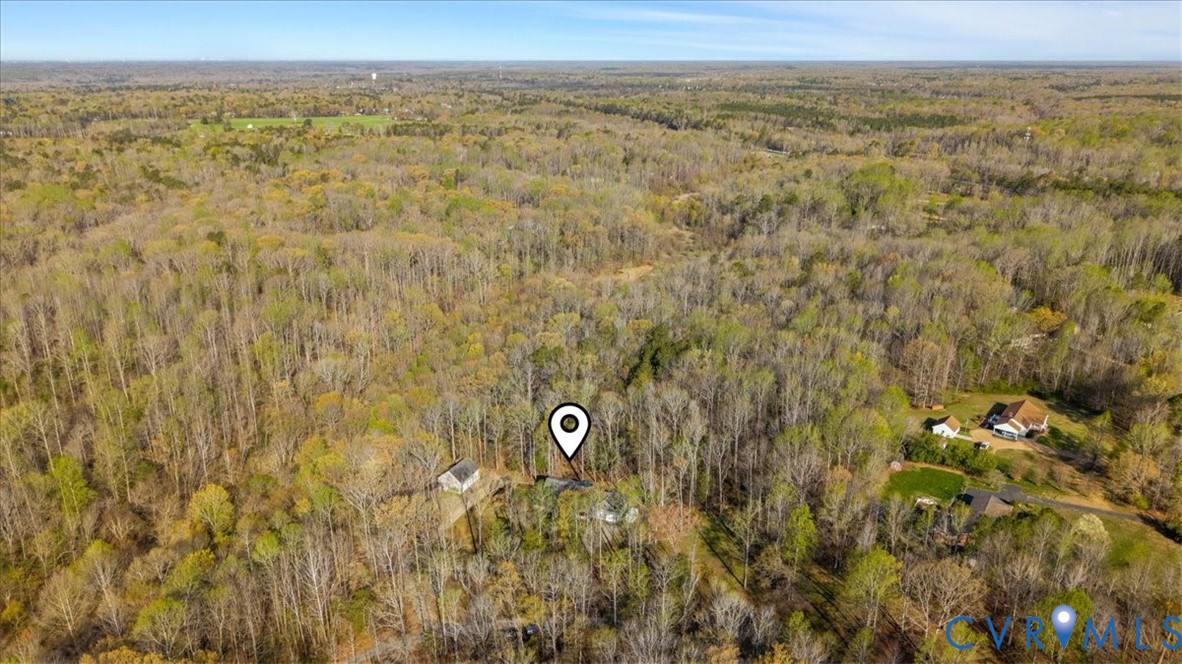 Aerial perspective of a sprawling, wooded parcel featuring dense mature trees and a detached structure