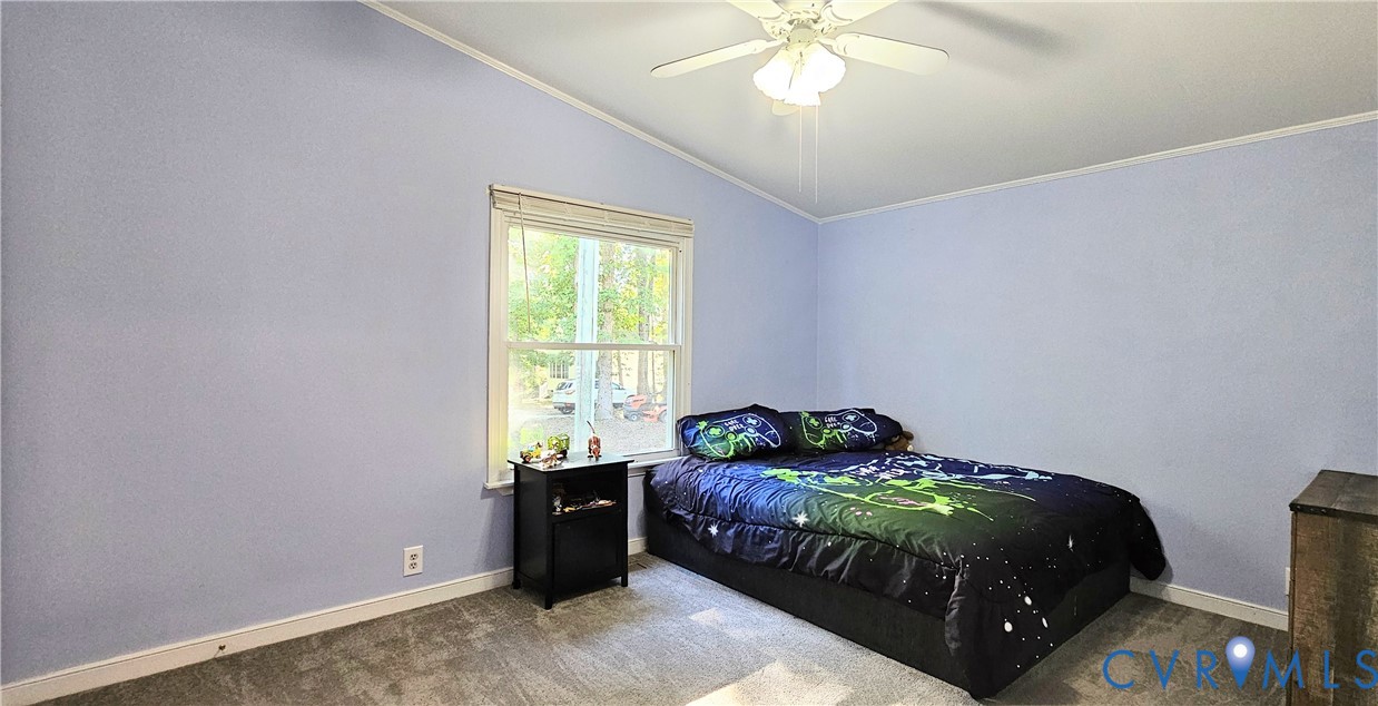 Vaulted ceiling featuring a central multi-blade ceiling fan and wall-to-wall carpeting