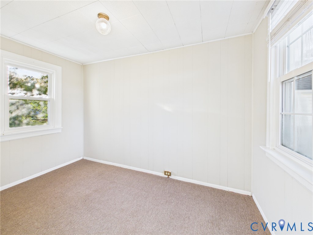 Room featuring neutral-toned carpeting, wood-paneled walls, two double-hung windows, and a central ceiling-mounted light fixture