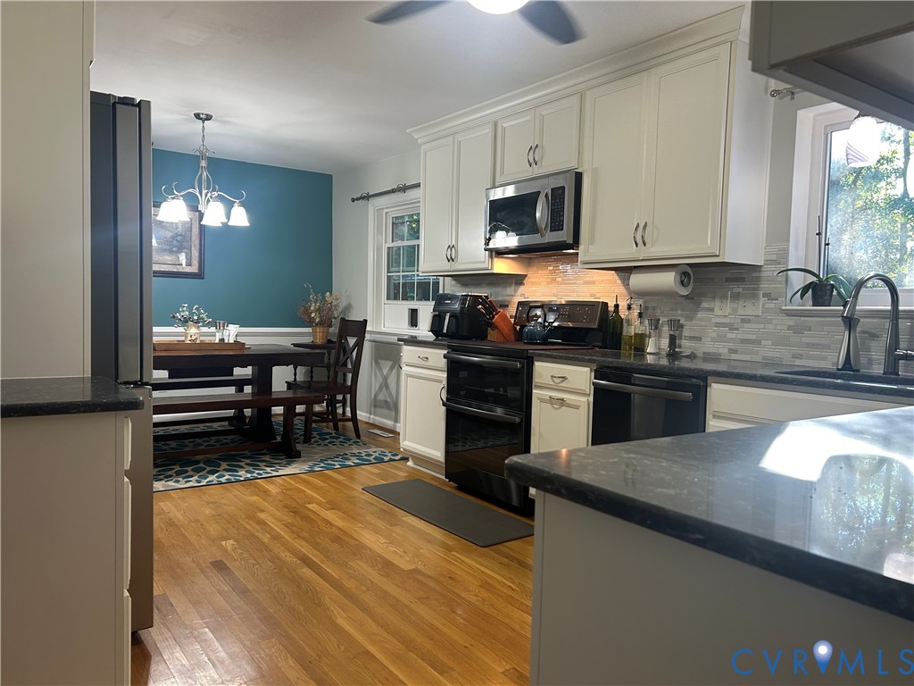 Kitchen opens into dining space.