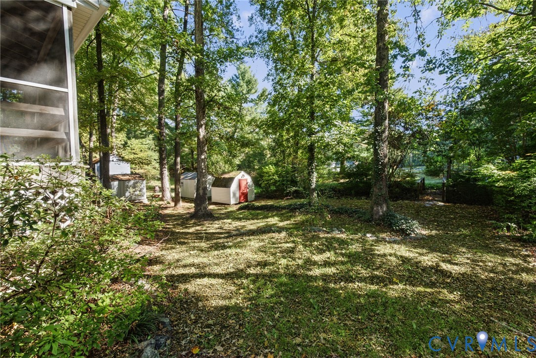 Wooded backyard featuring a screened porch, multiple storage sheds, and mature trees