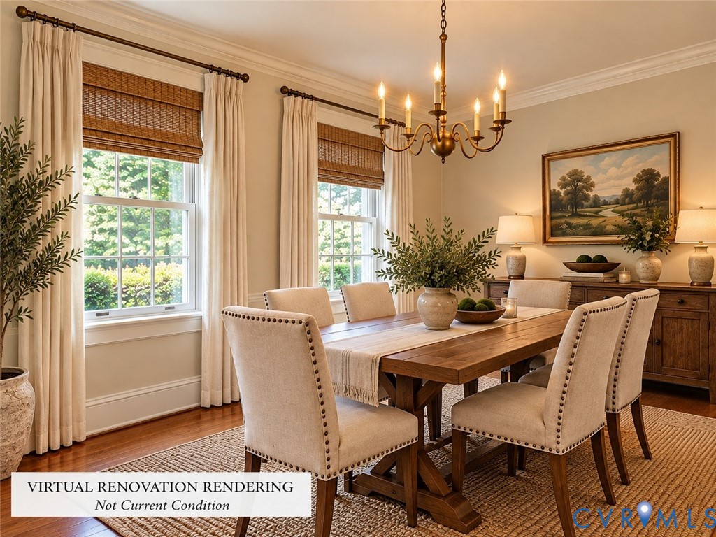 Dining room featuring hardwood flooring, multi-pane windows with woven shades, crown molding, and a six-light metallic chandelier
