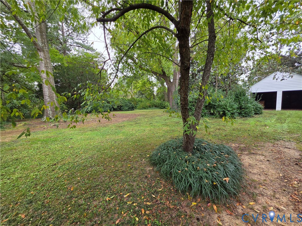 Expansive backyard featuring mature trees, landscaped shrubbery, ground-cover plantings, and a detached two-car garage with white siding