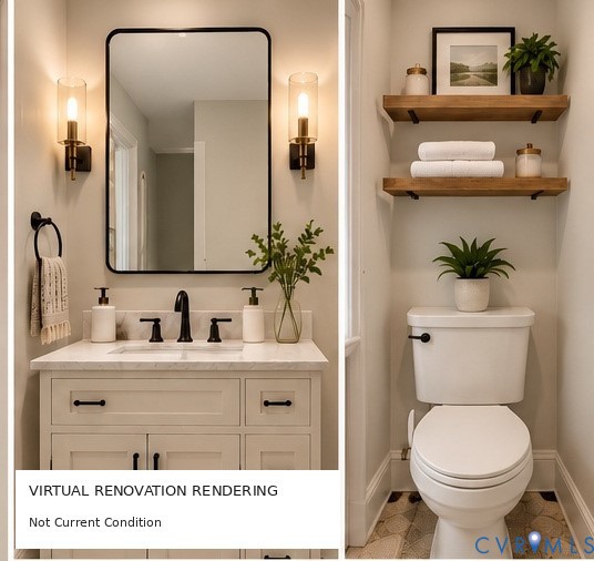 Shaker-style vanity with a stone countertop, rectangular undermount sink, matte black faucet, wall-mounted light fixtures, and natural wood-finish shelving