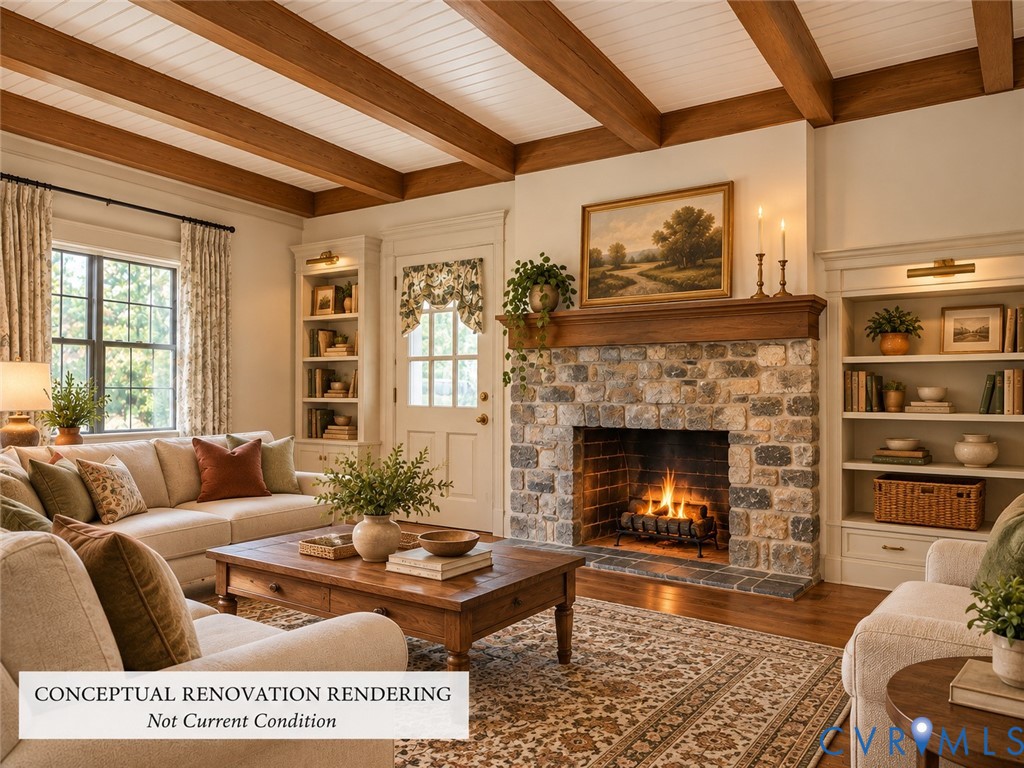 Exposed wooden ceiling beams, stone-faced fireplace with a wood mantel, and custom built-in shelving