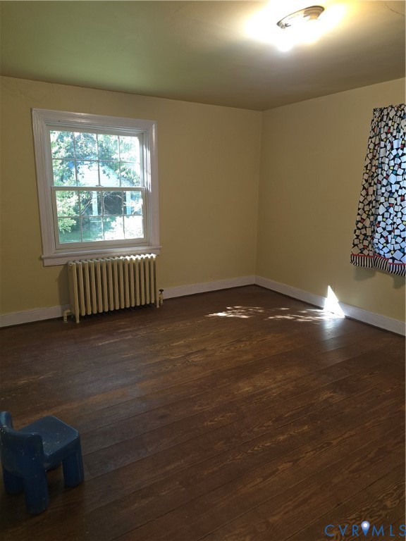 Room featuring wood-finish flooring, a multi-pane window, and a metal radiator