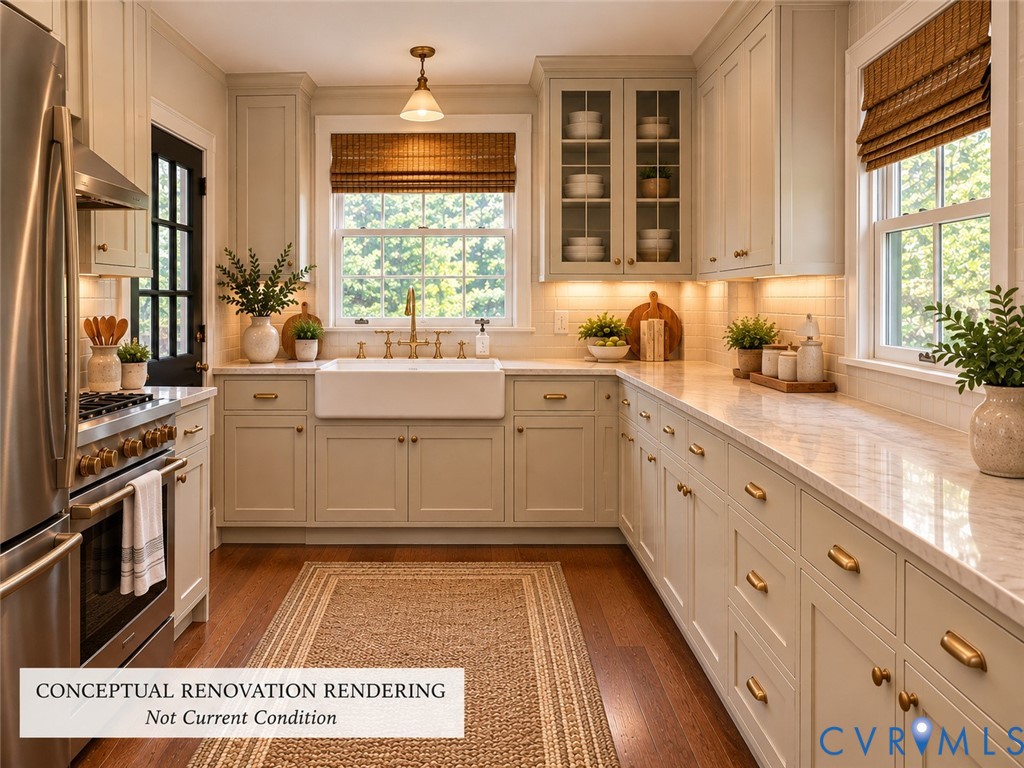 Kitchen featuring shaker-style cabinetry, farmhouse sink with bridge-style faucet, light-toned stone countertops, stainless steel gas range, and wood-finish flooring