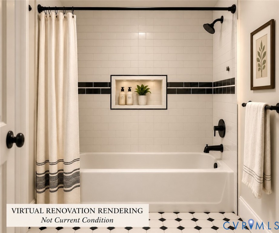 Bathtub enclosure featuring white subway tile walls with black accent detailing, a recessed wall niche, matte black fixtures, and geometric black-and-white floor tiling
