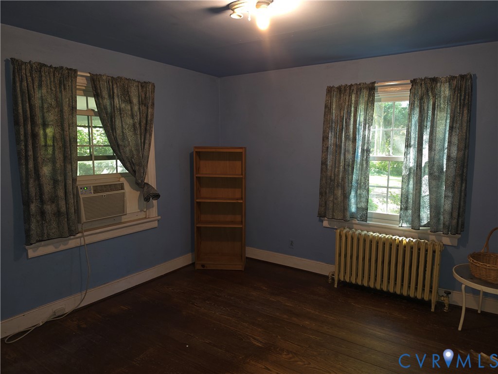 Room featuring wood-finish flooring, two multi-pane windows, and a metal radiator
