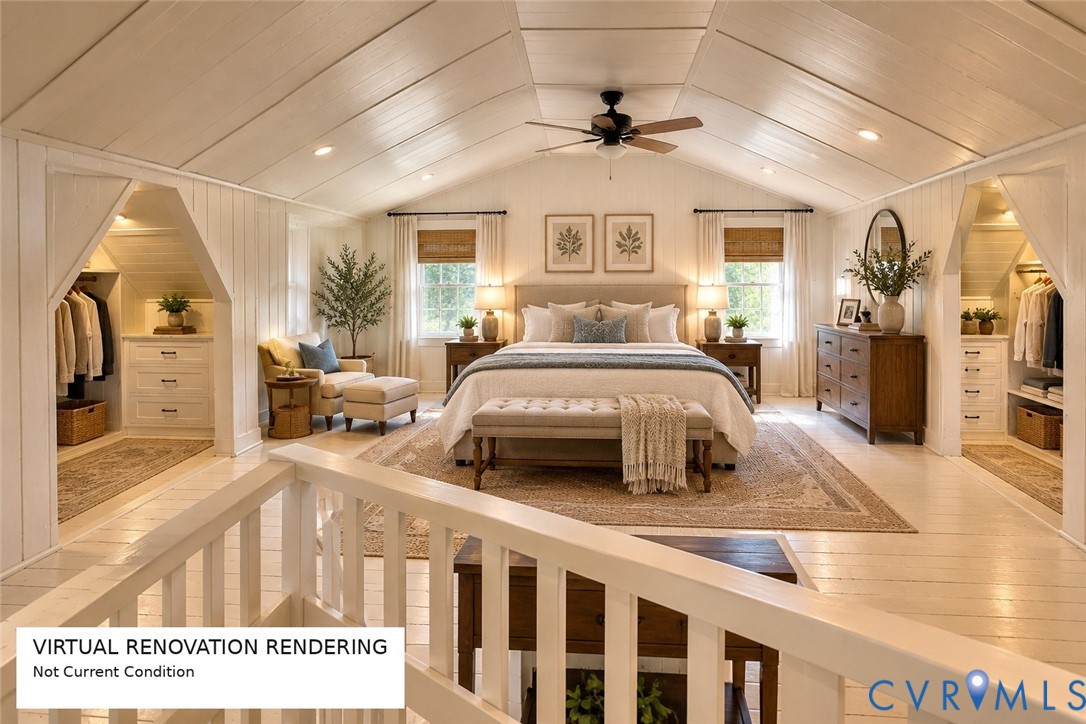 Vaulted ceilings with paneled detailing, white wood-finish flooring, recessed lighting, and dual built-in closets