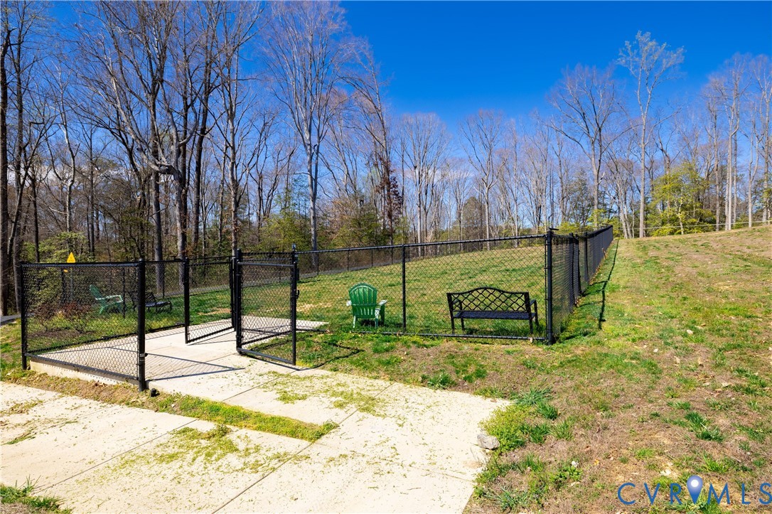 Fenced outdoor area featuring a black chain-link perimeter, concrete landing, and wooded backdrop Fenced outdoor area featuring a black chain-link perimeter, concrete landing, and wooded backdrop
