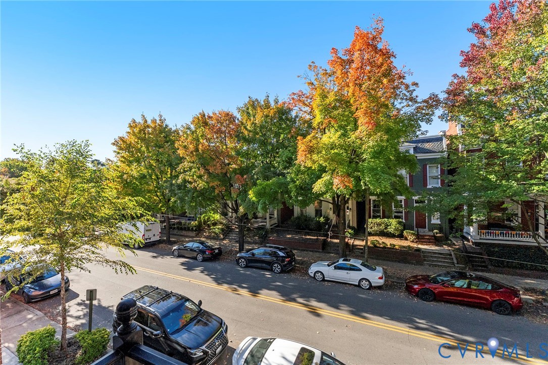 Streetscape featuring mature deciduous trees and multi-story masonry residential architecture with front porches