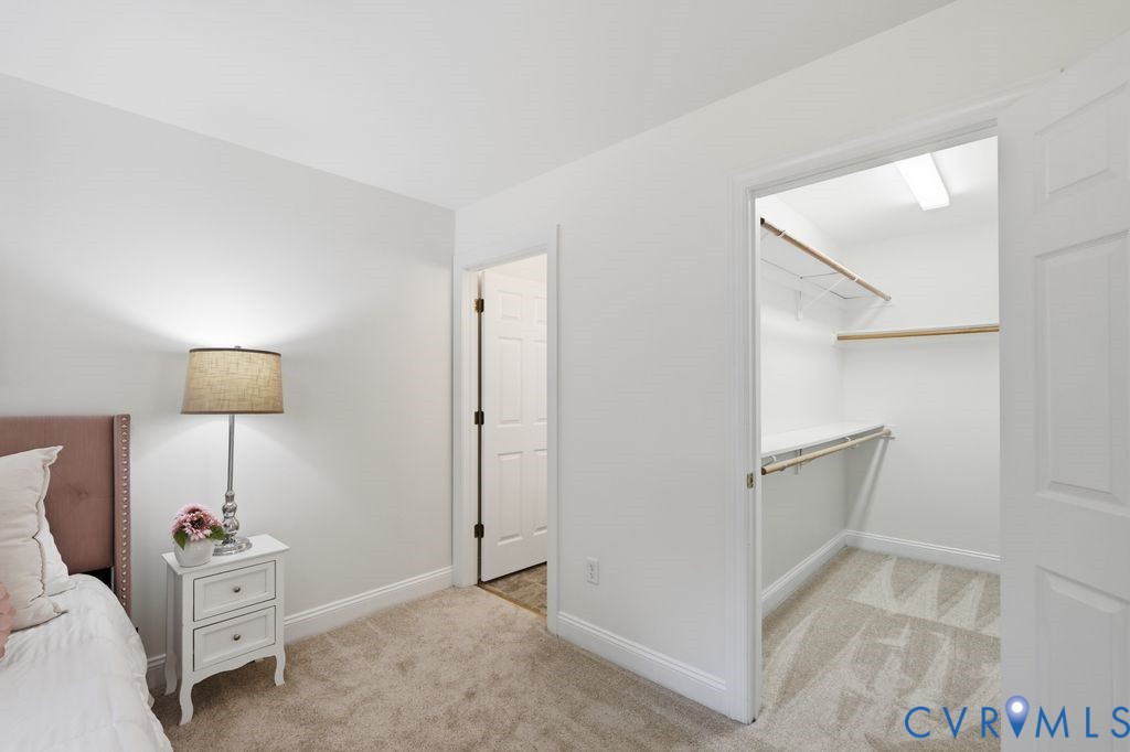 Neutral-toned carpeting, crisp white walls, six-panel interior door, and walk-in closet featuring built-in shelving