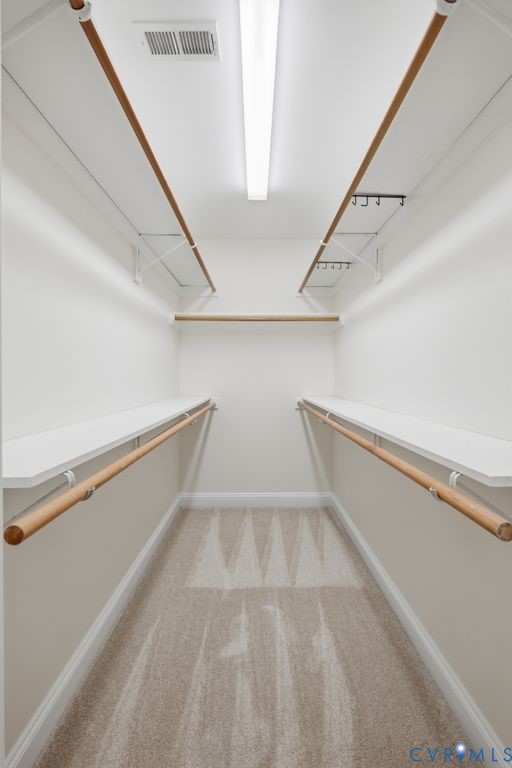 Walk-in closet featuring multi-level hanging rods, built-in shelving, linear overhead lighting, and wall-to-wall carpeting