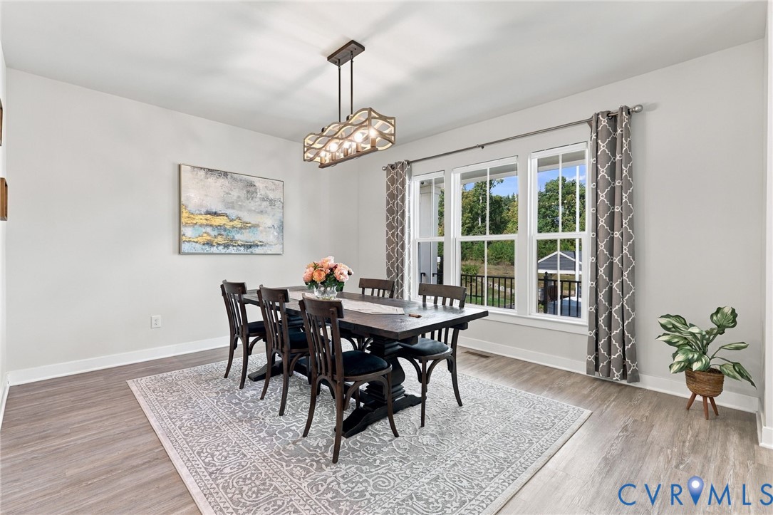 Dining area featuring wood-finish flooring, a geometric multi-light pendant fixture, and a bank of three double-hung windows Dining area featuring wood-finish flooring, a geometric multi-light pendant fixture, and a bank of three double-hung windows