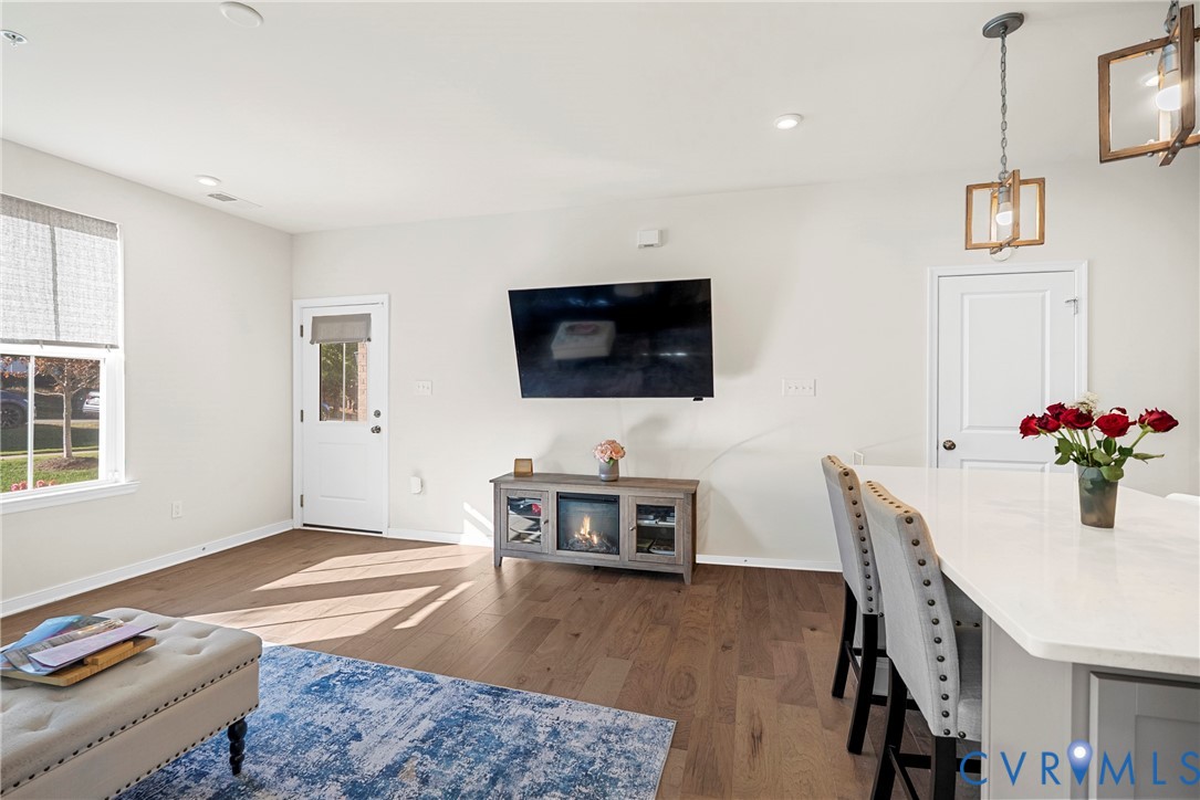 Open-concept interior featuring wood-finish flooring, a quartz-topped island, rectangular multi-pane pendant lighting, and a door with an integrated glass window