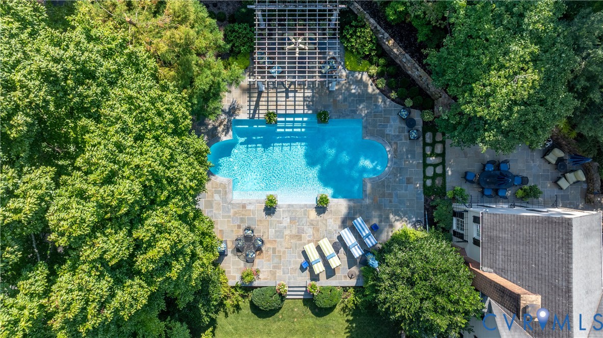 Elevated view of the pool and terraces