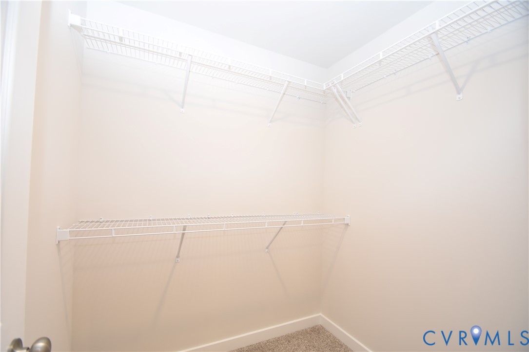 Walk-in closet featuring white wire shelving and neutral wall-to-wall carpeting
